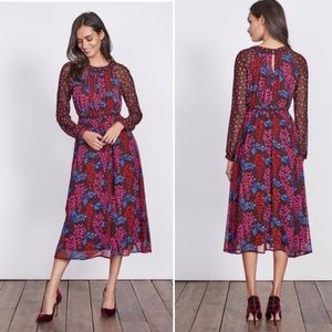 Elegant Floral Midi Dress - Red and Blue